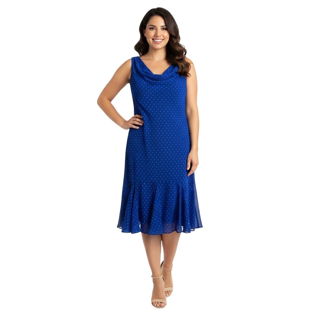 Chaps Dress 6‎ Blue Polka Dot Pullover Sleeveless Ruffle Hem Cowl Neck Flared